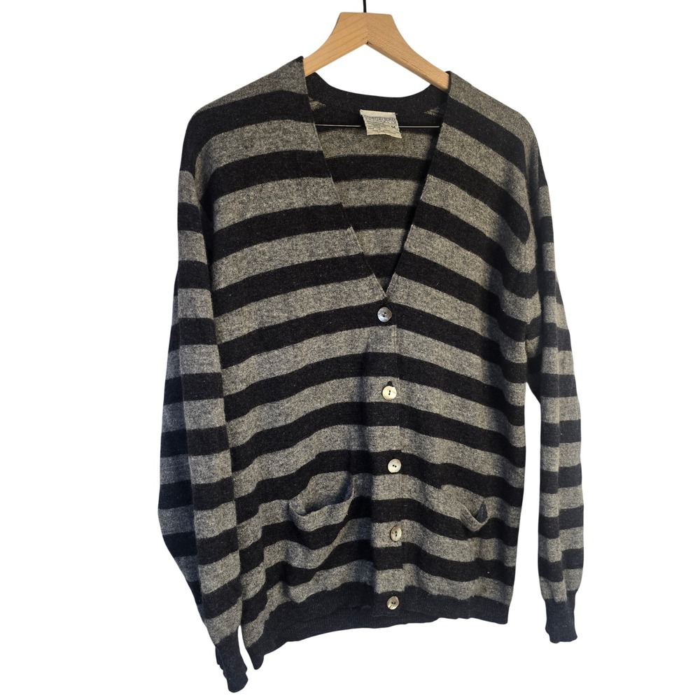 Country Road Striped Cardigan Women M Grey Lambswool Angora Dark Academia Preppy
